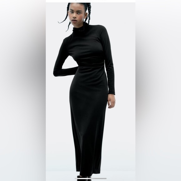 Zara Dresses & Skirts - Zara side ruched midi dress black size L slit in back polyester NWT